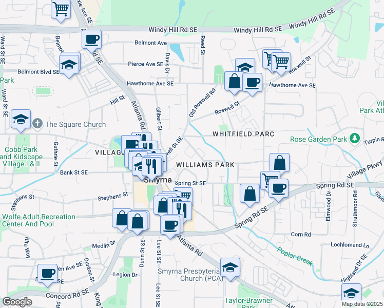 map of restaurants, bars, coffee shops, grocery stores, and more near 1450 Walker Street Southeast in Smyrna