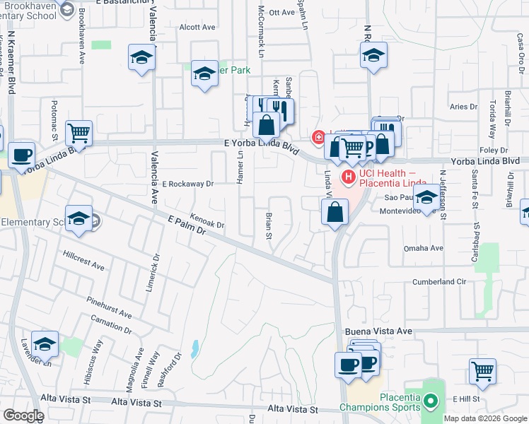 map of restaurants, bars, coffee shops, grocery stores, and more near 1261 Brian Street in Placentia