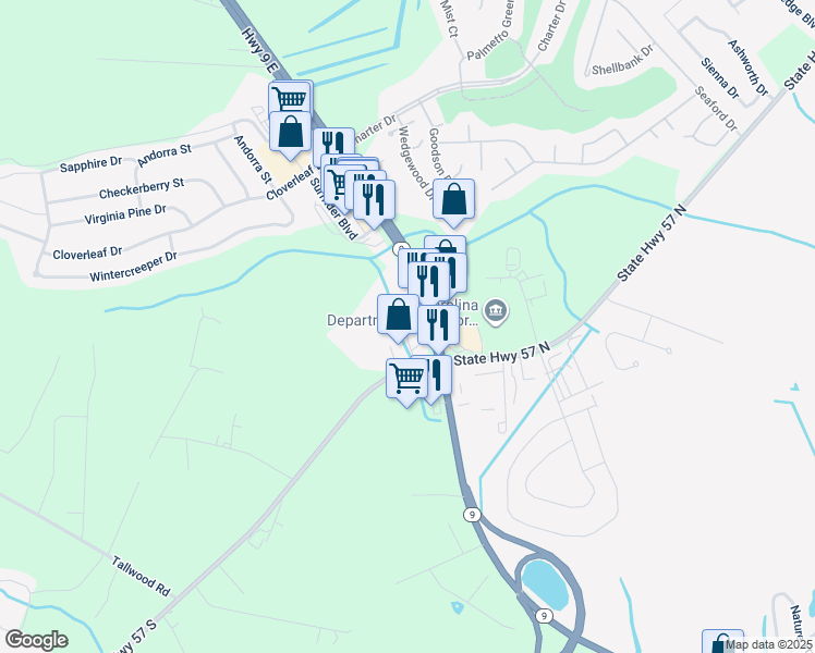 map of restaurants, bars, coffee shops, grocery stores, and more near 2352 Highway 9 East in Longs