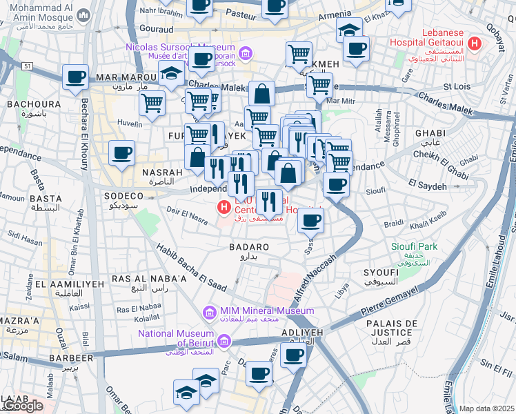 map of restaurants, bars, coffee shops, grocery stores, and more near in Bayrut