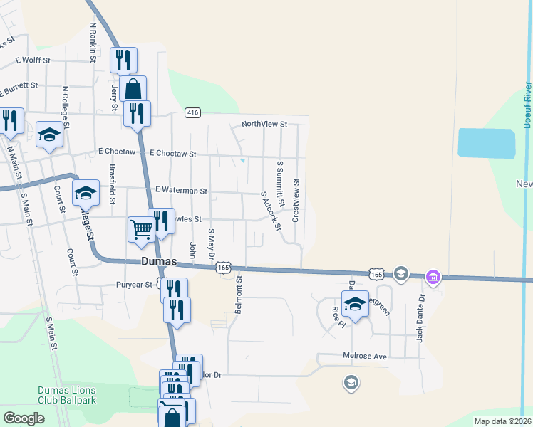 map of restaurants, bars, coffee shops, grocery stores, and more near 1060 East Waterman Street in Dumas