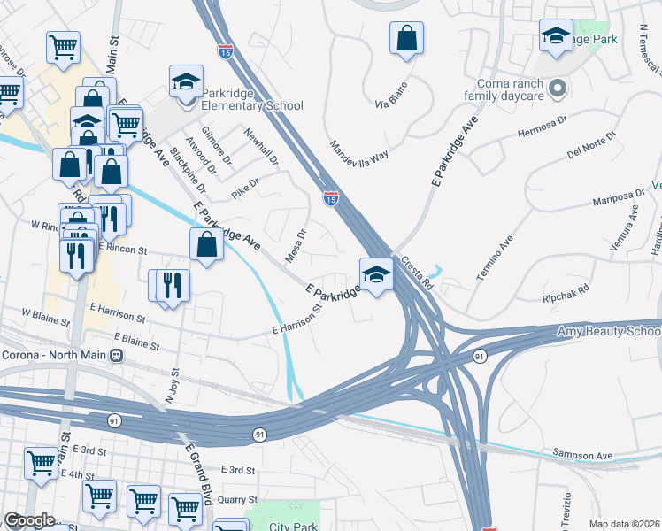 map of restaurants, bars, coffee shops, grocery stores, and more near 799 San Jacinto Drive in Corona
