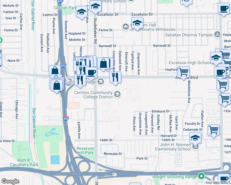 map of restaurants, bars, coffee shops, grocery stores, and more near 11194 Alondra Boulevard in Norwalk