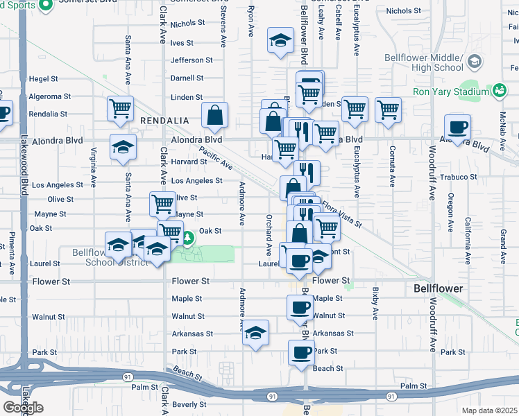 map of restaurants, bars, coffee shops, grocery stores, and more near 9629 Olive Street in Bellflower