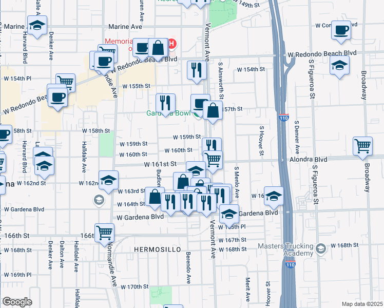 map of restaurants, bars, coffee shops, grocery stores, and more near in Gardena