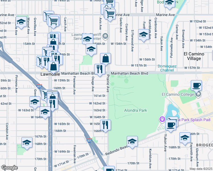 map of restaurants, bars, coffee shops, grocery stores, and more near 15827 Prairie Avenue in Lawndale