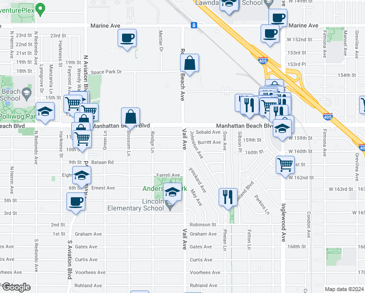 map of restaurants, bars, coffee shops, grocery stores, and more near 3401 Vail Avenue in Redondo Beach
