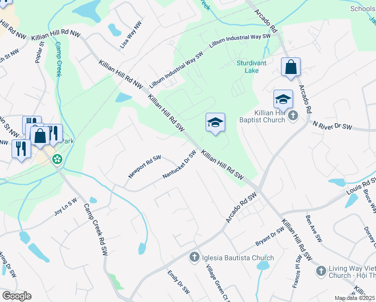 map of restaurants, bars, coffee shops, grocery stores, and more near 4481 Nantucket Drive Southwest in Lilburn