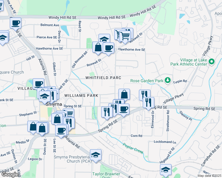map of restaurants, bars, coffee shops, grocery stores, and more near 2721 Mathews Street in Smyrna