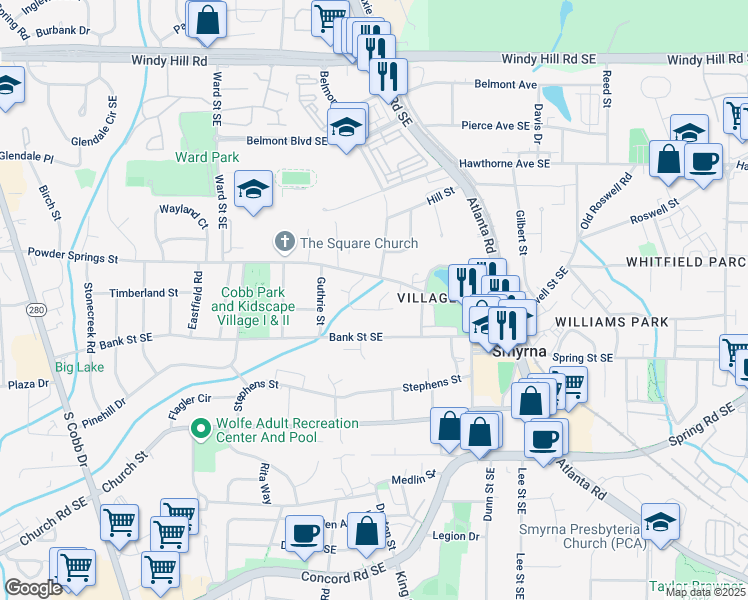 map of restaurants, bars, coffee shops, grocery stores, and more near 1081 Parkview Place Southeast in Smyrna