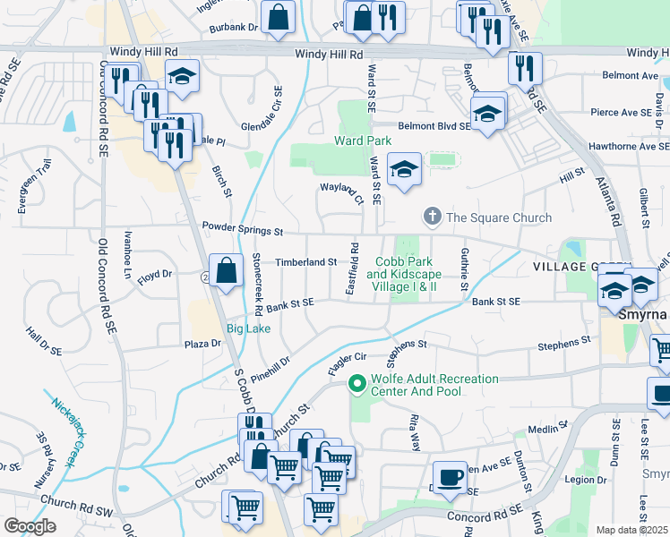map of restaurants, bars, coffee shops, grocery stores, and more near 834 Timberland Street in Smyrna