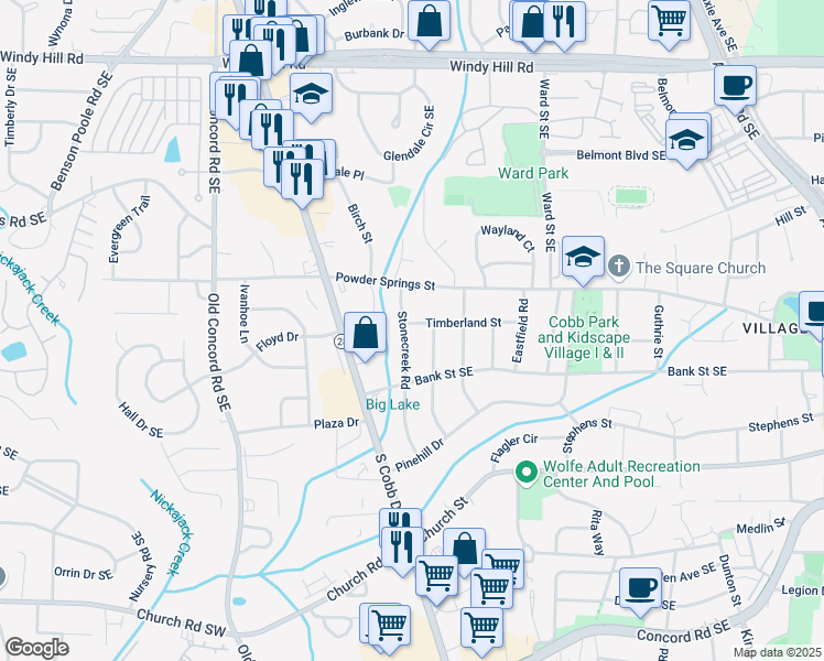 map of restaurants, bars, coffee shops, grocery stores, and more near 2771 Stonecreek Road in Smyrna