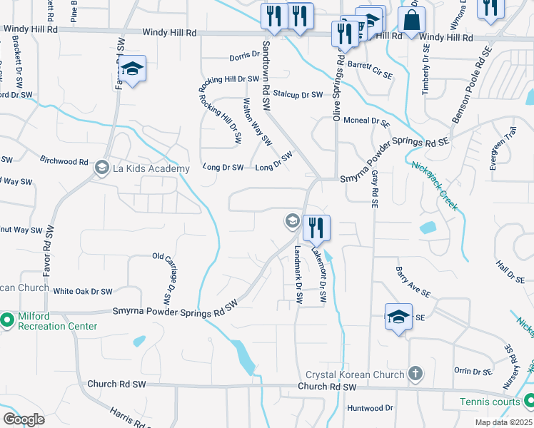 map of restaurants, bars, coffee shops, grocery stores, and more near 168 Timber Creek Lane Southwest in Marietta