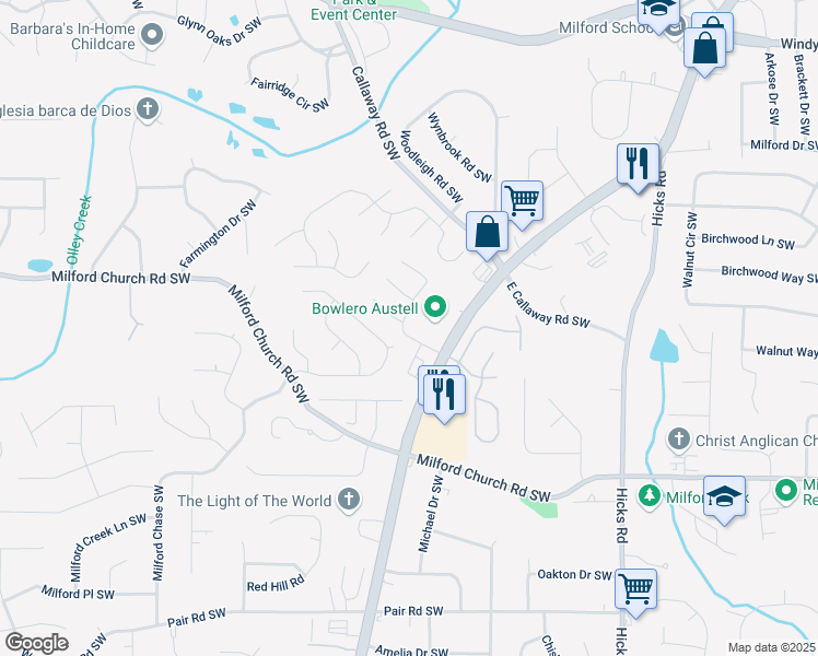 map of restaurants, bars, coffee shops, grocery stores, and more near 2727 Waymar Drive Southwest in Marietta