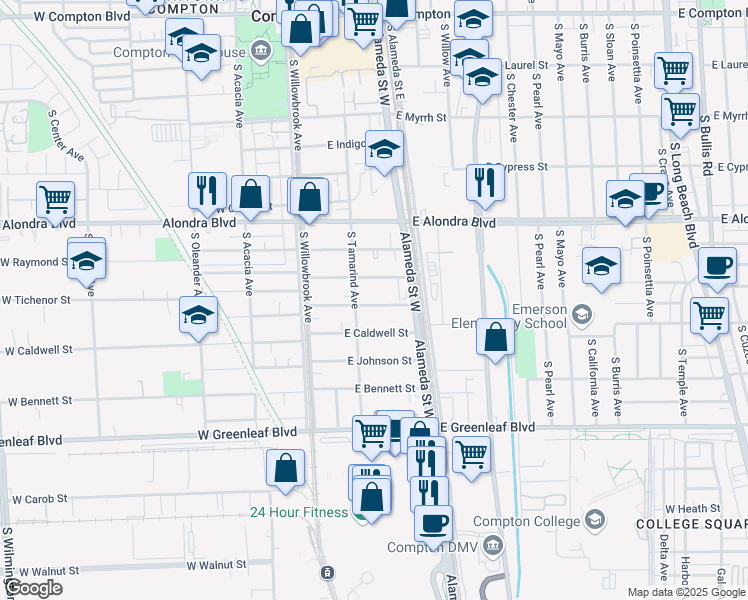 map of restaurants, bars, coffee shops, grocery stores, and more near 217 East Tichenor Street in Compton