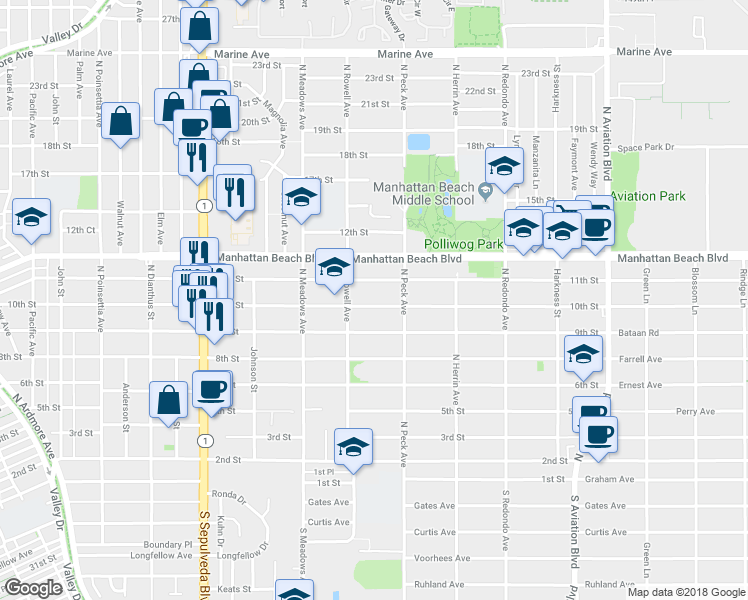 map of restaurants, bars, coffee shops, grocery stores, and more near 1431 10th Street in Manhattan Beach
