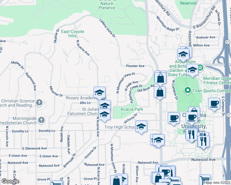 map of restaurants, bars, coffee shops, grocery stores, and more near 1647 North Mountain View Place in Fullerton