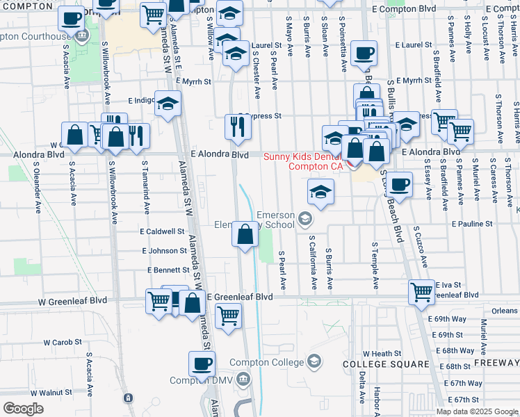 map of restaurants, bars, coffee shops, grocery stores, and more near 1201 South Chester Avenue in Compton