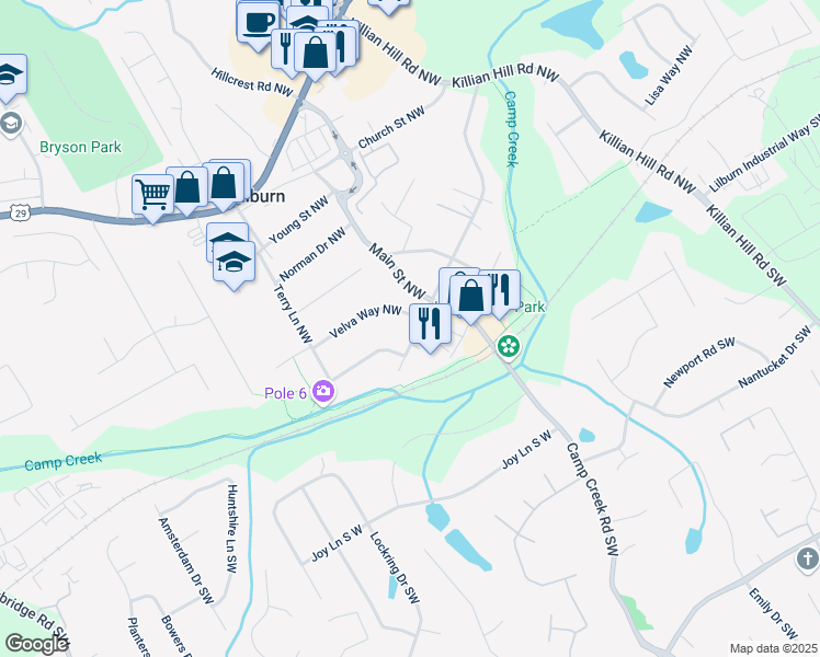 map of restaurants, bars, coffee shops, grocery stores, and more near 101 1st Avenue Northwest in Lilburn