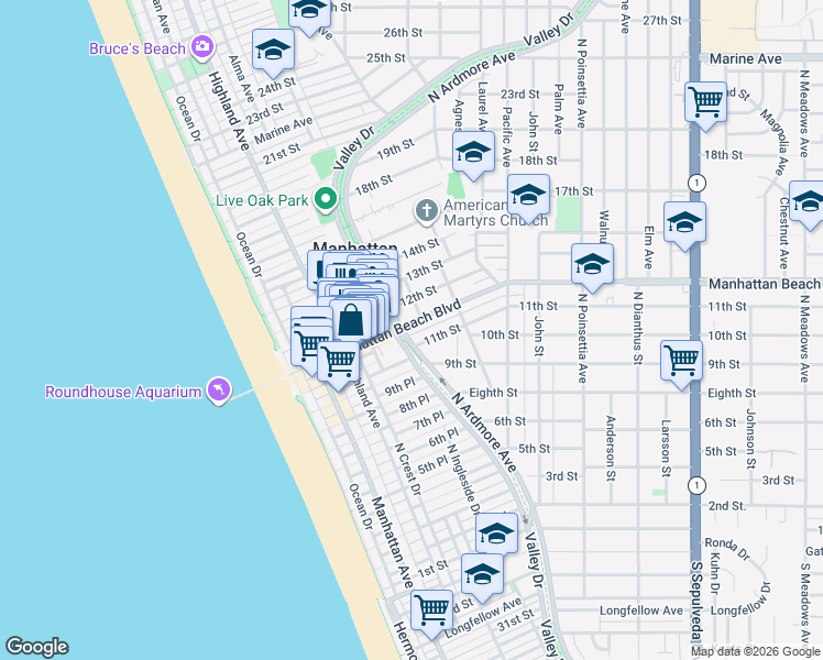 map of restaurants, bars, coffee shops, grocery stores, and more near in Manhattan Beach