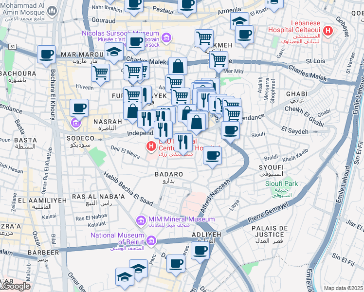 map of restaurants, bars, coffee shops, grocery stores, and more near Albert Khayat in Bayrut