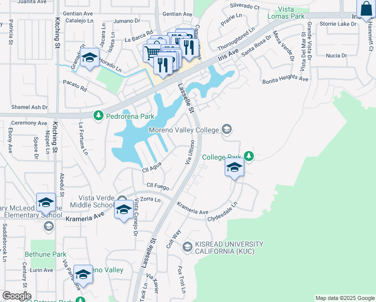 map of restaurants, bars, coffee shops, grocery stores, and more near 16165 Vía Ultimo in Moreno Valley