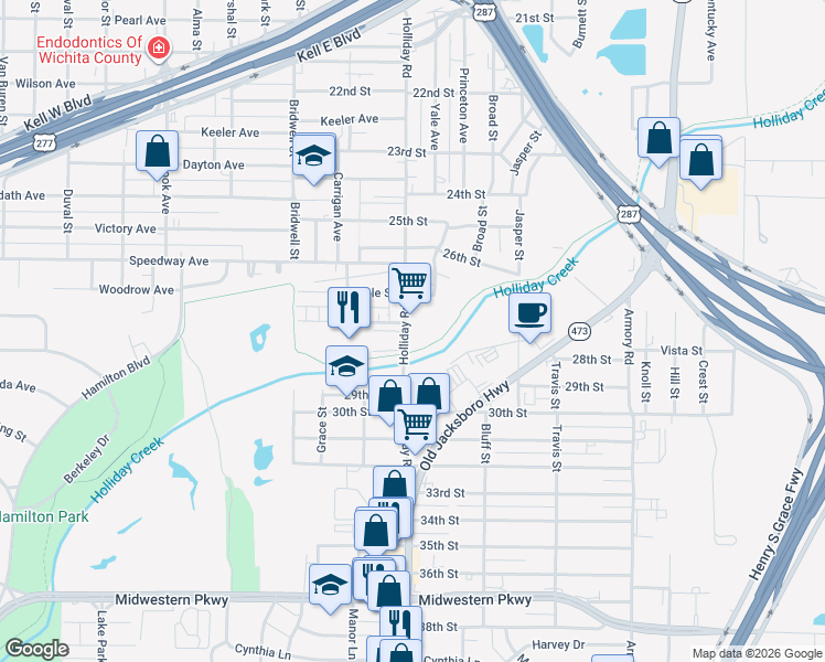 map of restaurants, bars, coffee shops, grocery stores, and more near 2806 Holliday Road in Wichita Falls