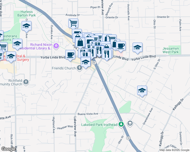 map of restaurants, bars, coffee shops, grocery stores, and more near 5152 Lakeview Avenue in Yorba Linda