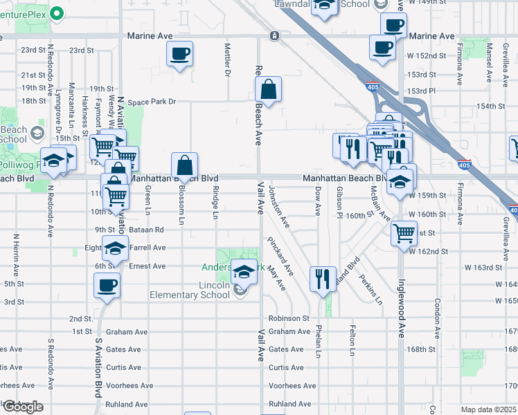 map of restaurants, bars, coffee shops, grocery stores, and more near 3401 Vail Avenue in Redondo Beach