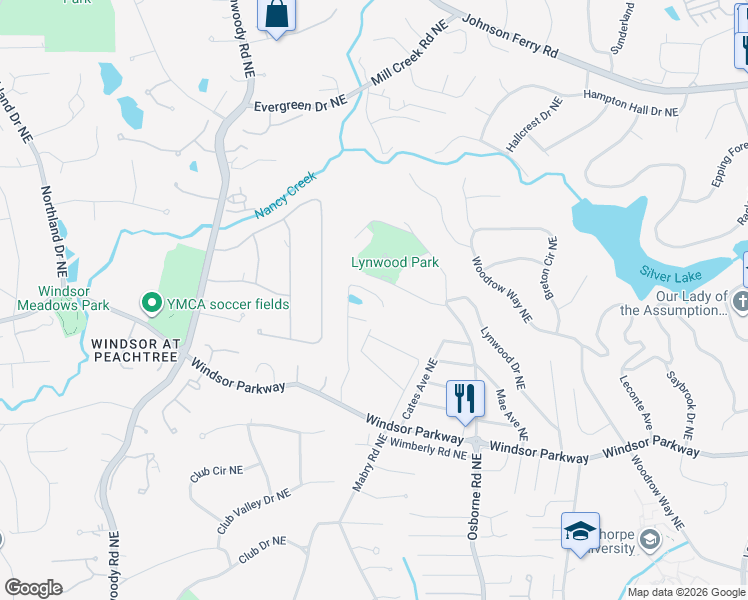 map of restaurants, bars, coffee shops, grocery stores, and more near 3305 Windsor Lake Drive Northeast in Atlanta