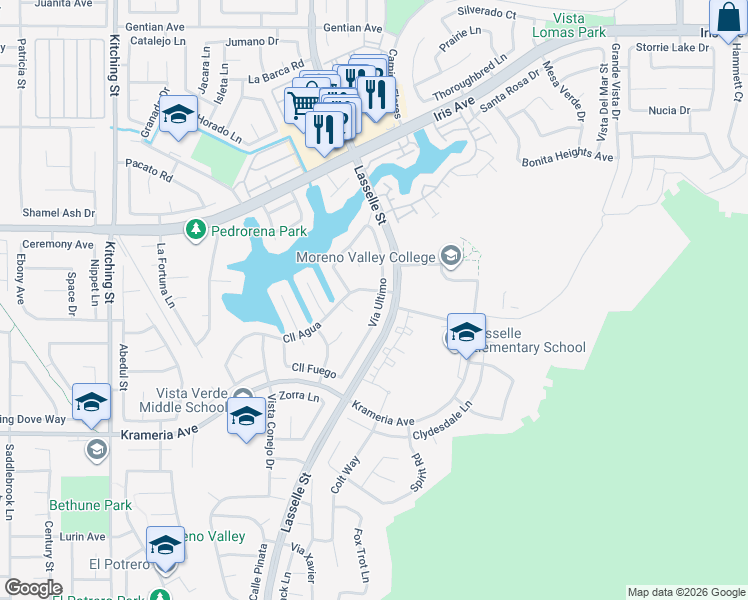 map of restaurants, bars, coffee shops, grocery stores, and more near 16165 Vía Ultimo in Moreno Valley
