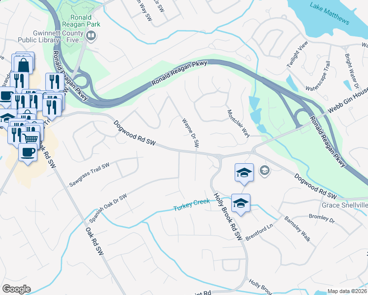 map of restaurants, bars, coffee shops, grocery stores, and more near 1090 Dogwood Road Southwest in Snellville