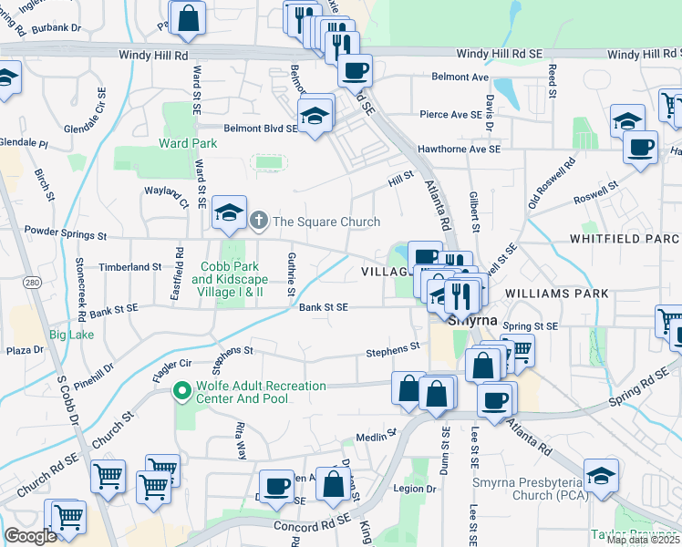 map of restaurants, bars, coffee shops, grocery stores, and more near 1081 Parkview Place Southeast in Smyrna