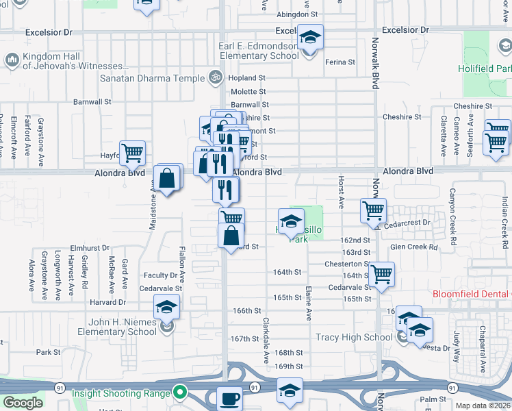 map of restaurants, bars, coffee shops, grocery stores, and more near 11857 Algardi Street in Norwalk
