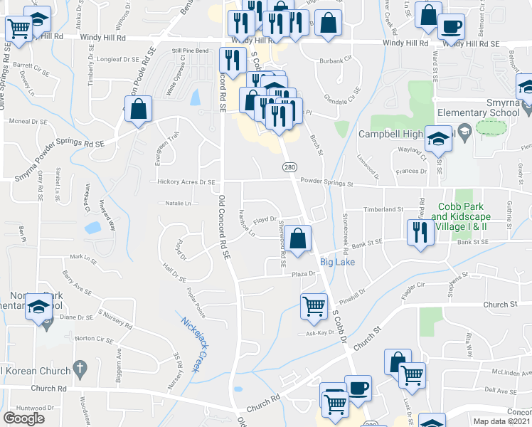 map of restaurants, bars, coffee shops, grocery stores, and more near 551 Floyd Drive in Smyrna