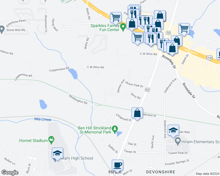 map of restaurants, bars, coffee shops, grocery stores, and more near 51 Barclay Court in Hiram