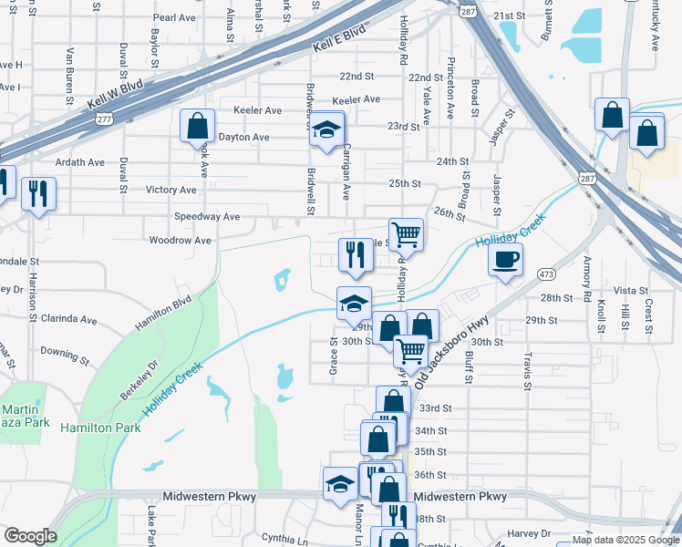 map of restaurants, bars, coffee shops, grocery stores, and more near 1607 Dodge Street in Wichita Falls