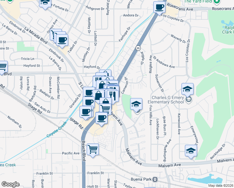 map of restaurants, bars, coffee shops, grocery stores, and more near 5451 Mead Drive in Buena Park