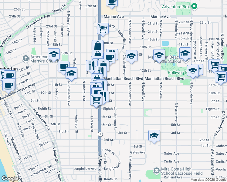 map of restaurants, bars, coffee shops, grocery stores, and more near 1159 10th Street in Manhattan Beach