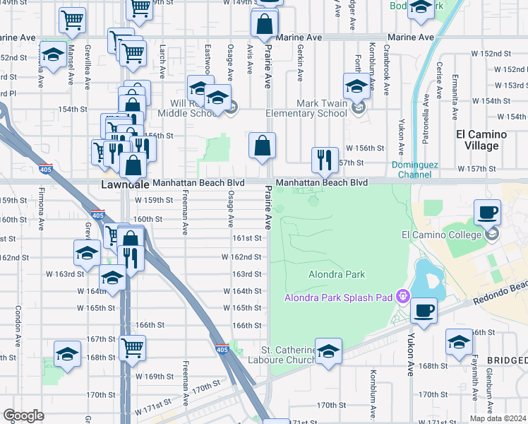 map of restaurants, bars, coffee shops, grocery stores, and more near in Lawndale