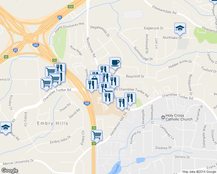 map of restaurants, bars, coffee shops, grocery stores, and more near 3283 Northcrest Rd in Doraville