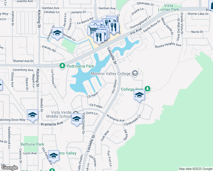 map of restaurants, bars, coffee shops, grocery stores, and more near 26121 Calle Agua in Moreno Valley