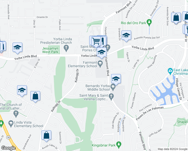 map of restaurants, bars, coffee shops, grocery stores, and more near 19521 Sandspoint Court in Yorba Linda