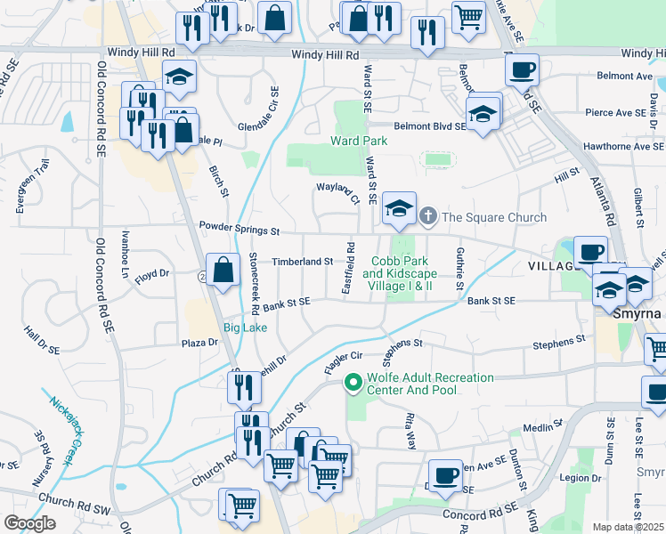 map of restaurants, bars, coffee shops, grocery stores, and more near 834 Timberland Street in Smyrna