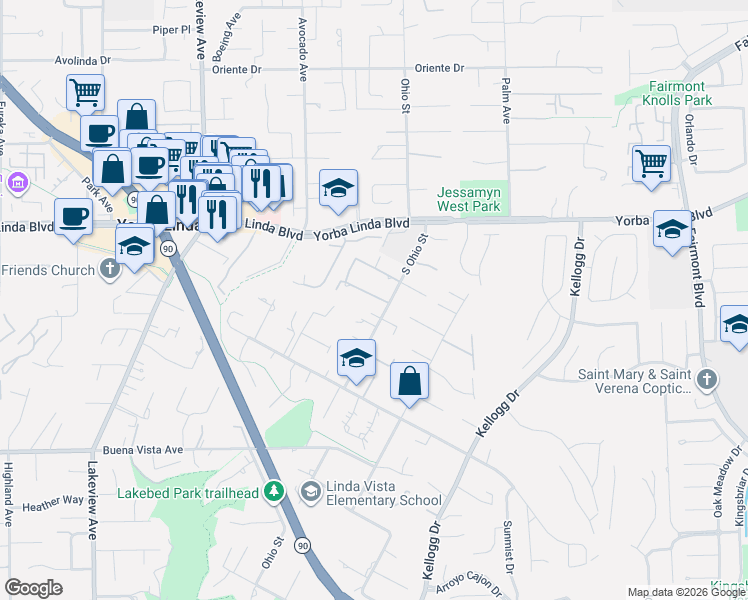 map of restaurants, bars, coffee shops, grocery stores, and more near 18902 Camino Verde in Yorba Linda