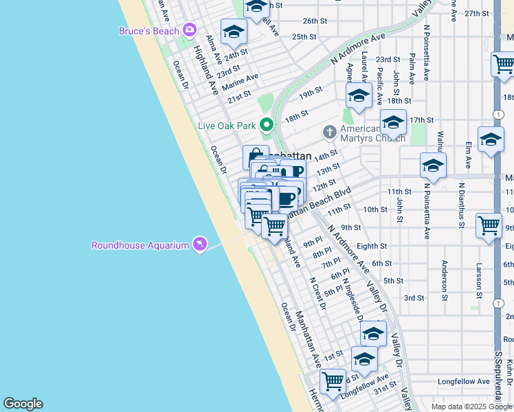 map of restaurants, bars, coffee shops, grocery stores, and more near 1211 Bayview Drive in Manhattan Beach