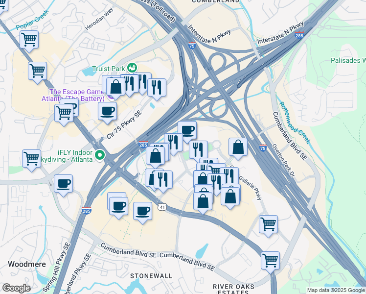 map of restaurants, bars, coffee shops, grocery stores, and more near 200 Galleria Parkway Southeast in Atlanta