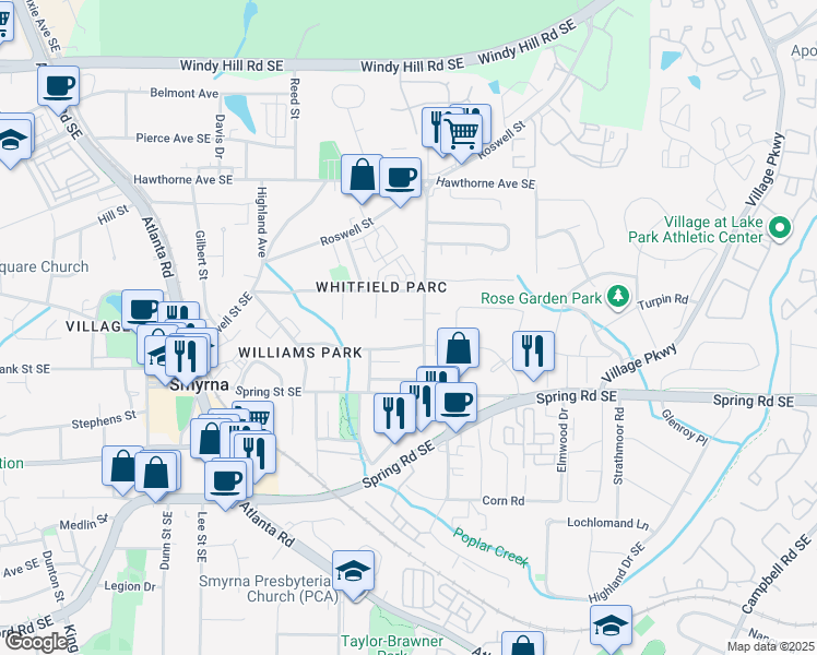 map of restaurants, bars, coffee shops, grocery stores, and more near 2721 Mathews Street in Smyrna