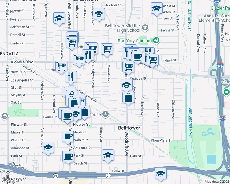 map of restaurants, bars, coffee shops, grocery stores, and more near 16310 Cornuta Avenue in Bellflower