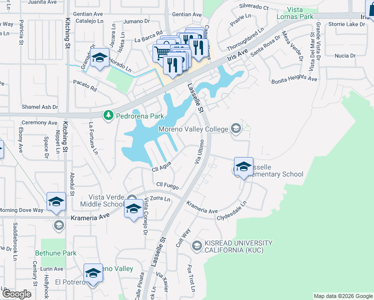 map of restaurants, bars, coffee shops, grocery stores, and more near 26121 Calle Agua in Moreno Valley